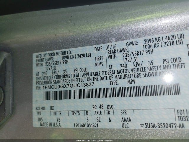 1FMCU0GX7GUC13837 Ford Escape
