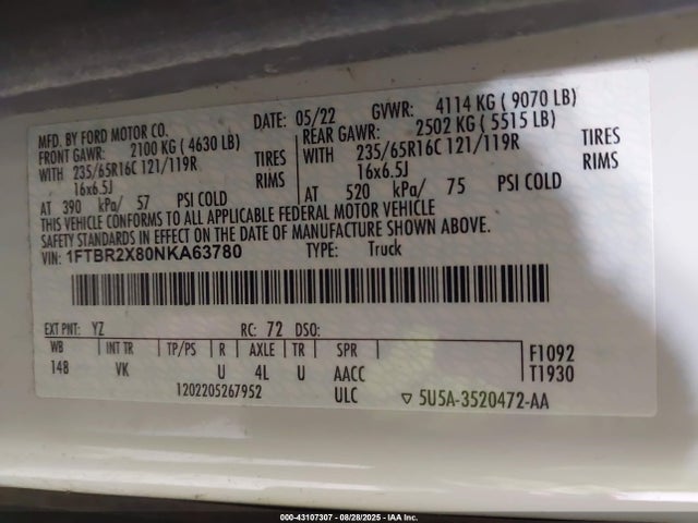 Ford 3.5l v6 cyclone 2022 1FTBR2X80NKA63780 Image 9