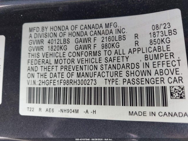 Honda l15b7 2024 2HGFE1F98RH300273 Image 9