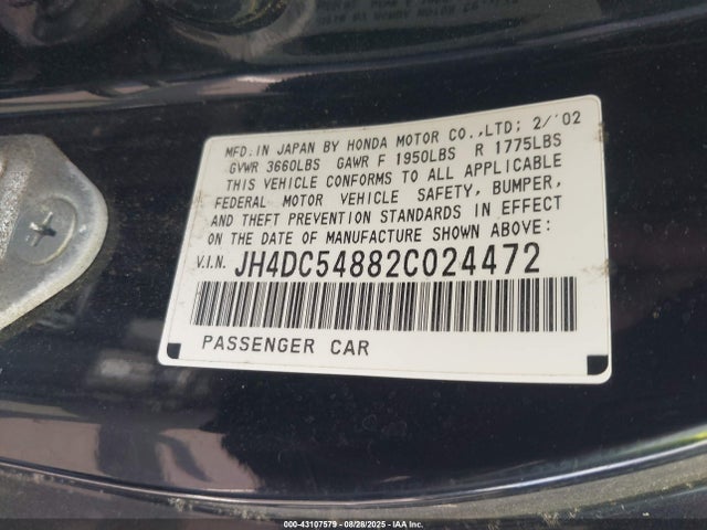 Aukcja sprzedaży 2002 Acura Rsx, vin: JH4DC54882C024472, numer aukcji: 43107579