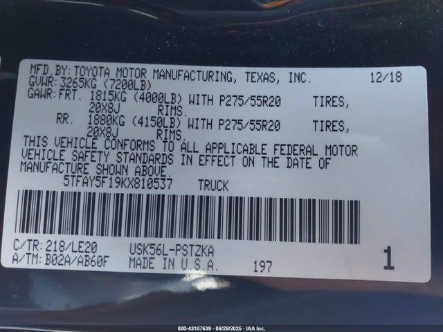 5TFAY5F19KX810537 Toyota 3ur-fe
