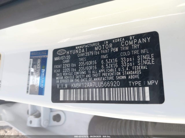KM8K12AA7LU566920 Hyundai mpi nu