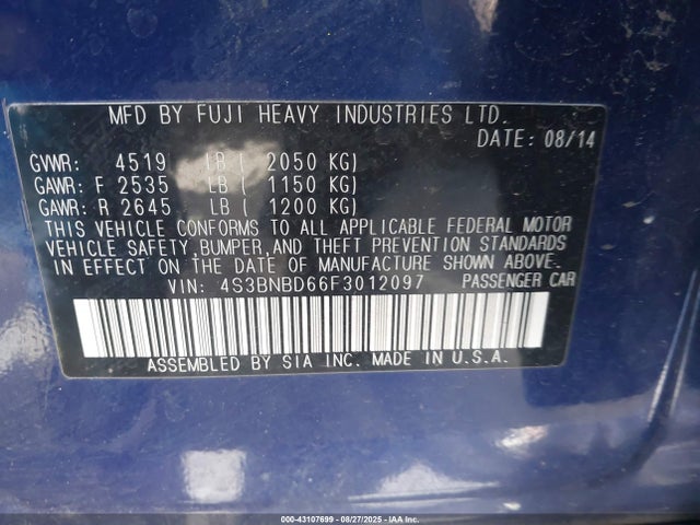 Subaru 2.5l u6 2015 4S3BNBD66F3012097 Image 9