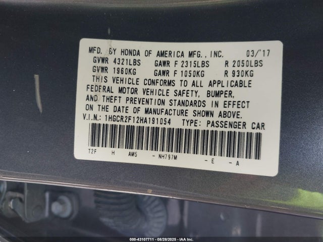 1HGCR2F12HA191054 Honda k24w1