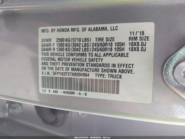 Honda j35y6 2019 5FPYK2F27KB004964 Image 9