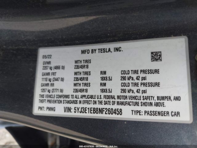2022 TESLA MODEL 3 5YJ3E1EB8NF260458 Photo 8