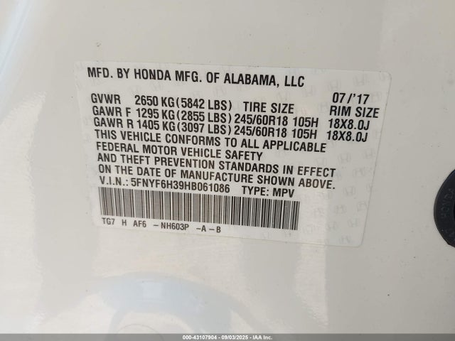 5FNYF6H39HB061086 Honda j35y6