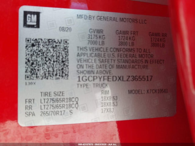 Aukcja sprzedaży 2020 Chevrolet Silverado 1500 4wd  Short Bed Lt Trail Boss, vin: 1GCPYFEDXLZ365517, numer aukcji: 43107975
