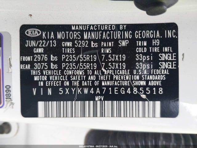5XYKW4A71EG485518 KIA gasoline 3.3 v6 gdi lambda ii