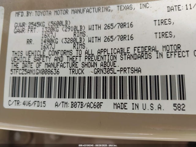 5TFCZ5AN1GX008636 Toyota 2gr-fks