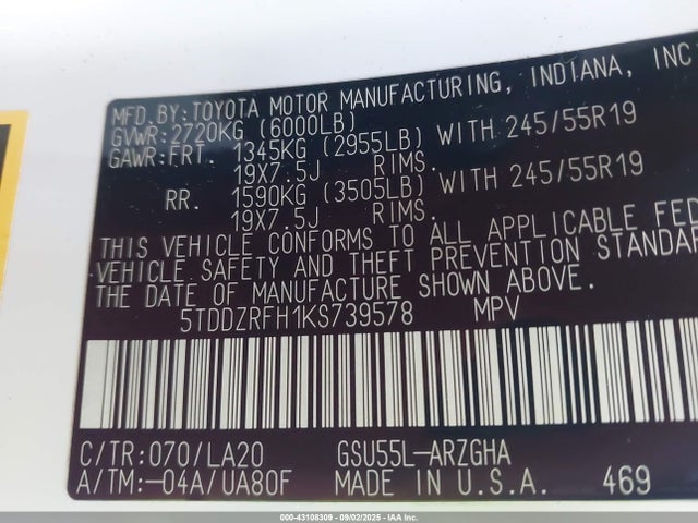 5TDDZRFH1KS739578 Toyota 2gr-fks
