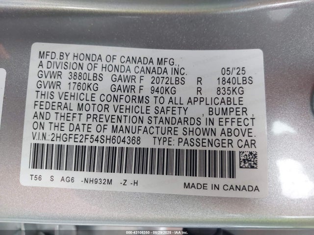 Honda k20c9 2025 2HGFE2F54SH604368 Image 9