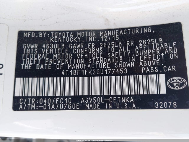 Toyota 2ar-fe 2016 4T1BF1FK3GU177453 Image 9