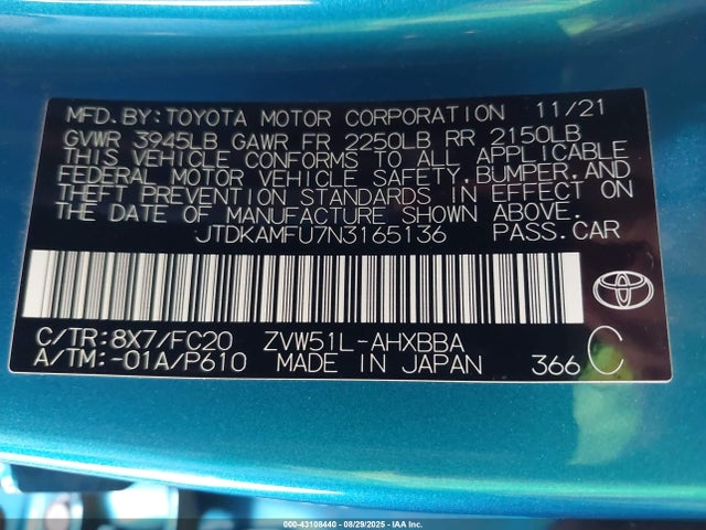 JTDKAMFU7N3165136 Toyota 2zr-fxe,1nm