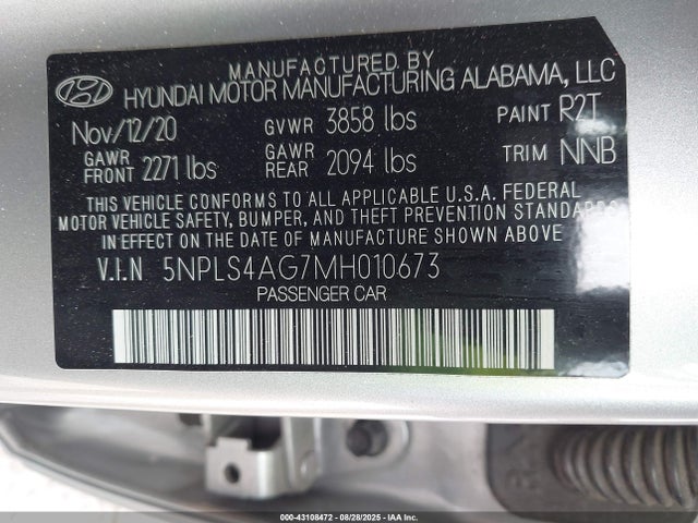 43108472 :رقم المزاد ، 5NPLS4AG7MH010673 vin ، 2021 Hyundai Elantra Sel مزاد بيع