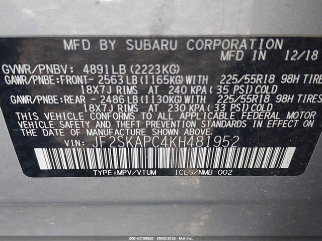 Subaru naturally aspirated u5 2019 JF2SKAPC4KH481952 Image 9