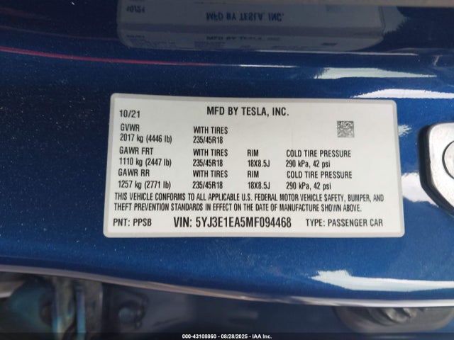 2021 TESLA MODEL 3 5YJ3E1EA5MF094468 Photo 8