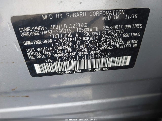 JF2SKAJC2LH476758 Subaru naturally aspirated u5