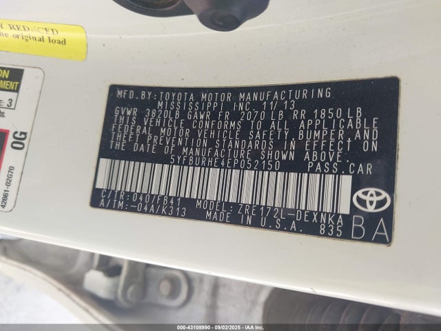 5YFBURHE4EP052150 Toyota 2zr-fe
