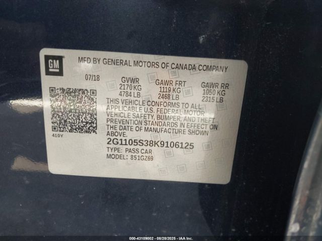 2019 CHEVROLET IMPALA 2G1105S38K9106125 Photo 8