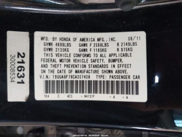 2012 ACURA TL 19UUA8F78CA007408 Photo 8