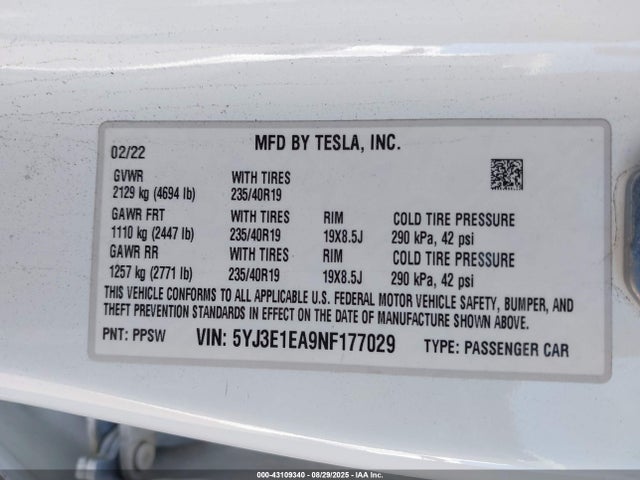 2022 TESLA MODEL 3 5YJ3E1EA9NF177029 Photo 8