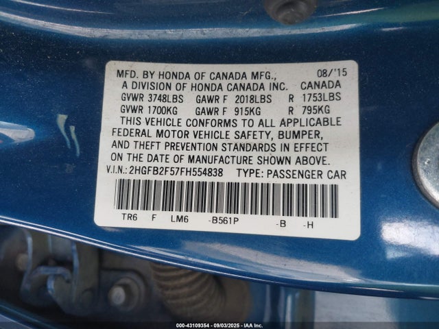 Honda r18z1 2015 2HGFB2F57FH554838 Image 9