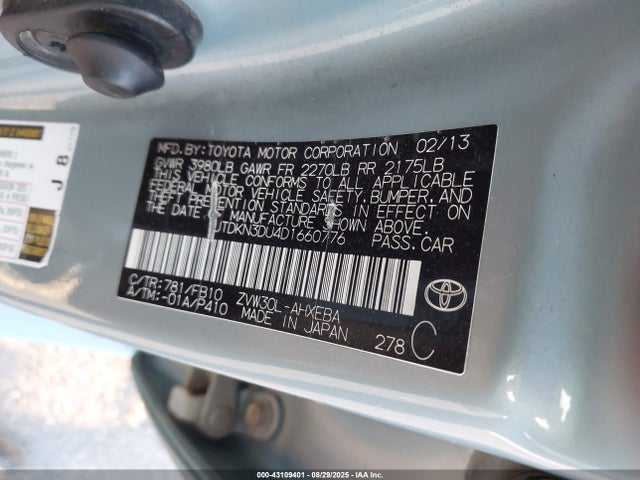 Продаж на аукціоні авто 2013 Toyota Prius Two, vin: JTDKN3DU4D1660776, номер лоту: 43109401