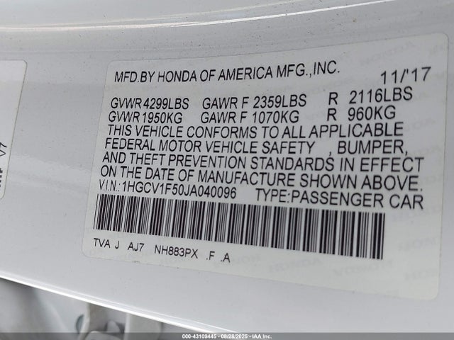 1HGCV1F50JA040096 Honda l15be