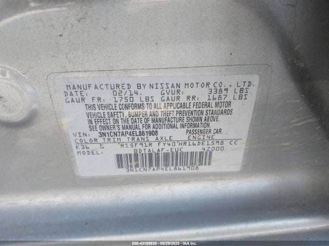 Nissan Versa 2014 3N1CN7AP4EL861908 Image 9