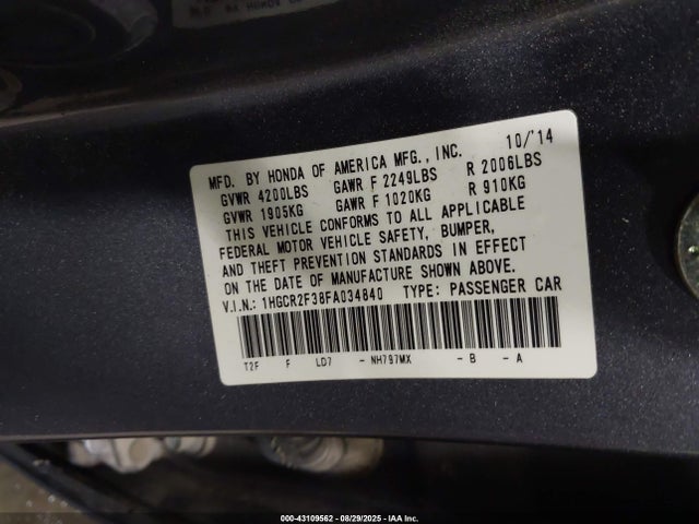 Honda k24w1 2015 1HGCR2F38FA034840 Image 9