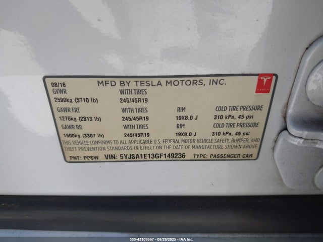 2016 TESLA MODEL S 5YJSA1E13GF149236 Photo 8