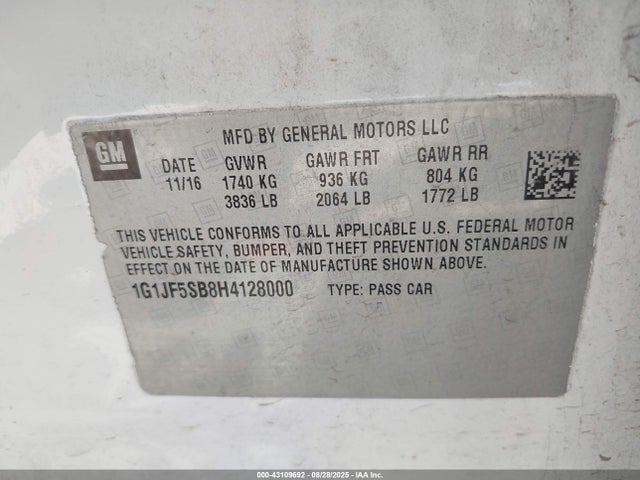 1G1JF5SB8H4128000 Chevrolet luv - mfi, vvt: variable valve timing, alum, e85 max