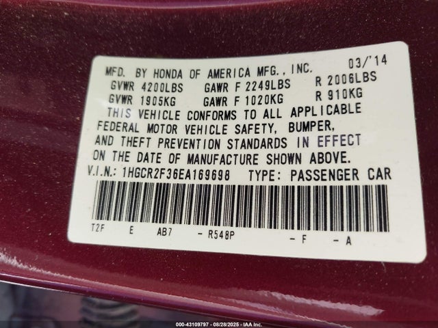 Honda k24w1 2014 1HGCR2F36EA169698 Image 9