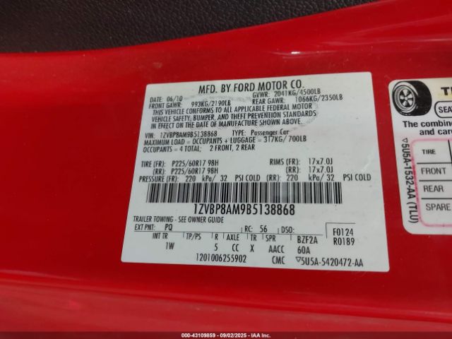 2011 FORD MUSTANG 1ZVBP8AM9B5138868 Photo 8