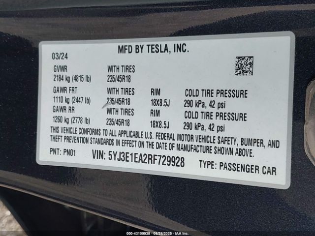 2024 TESLA MODEL 3 5YJ3E1EA2RF729928 Photo 8