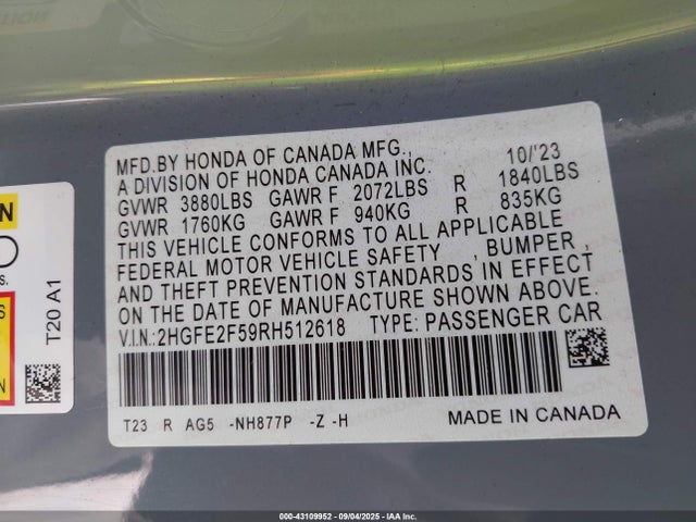 Honda k20c2 2024 2HGFE2F59RH512618 Image 9
