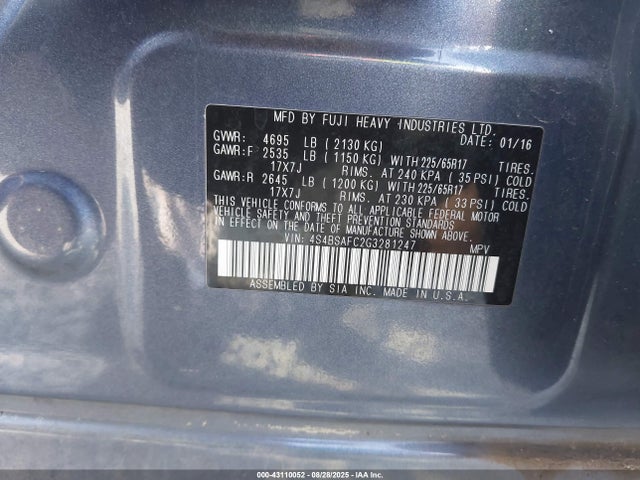 Subaru 2.5l u5 2016 4S4BSAFC2G3281247 Image 9