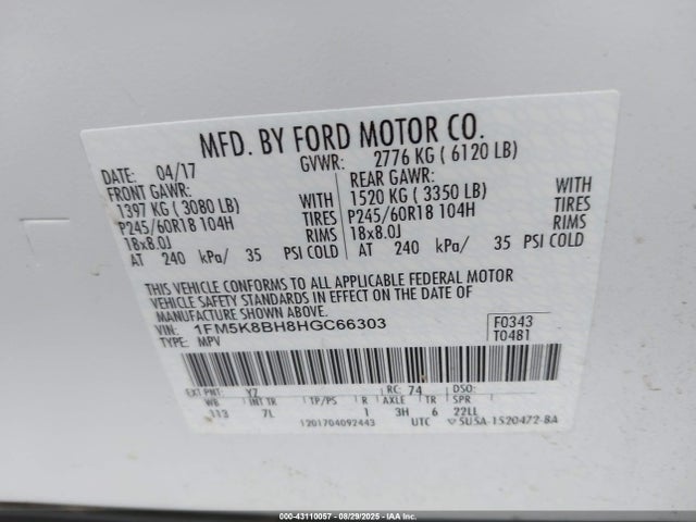 1FM5K8BH8HGC66303 Ford 2.3l gtdi