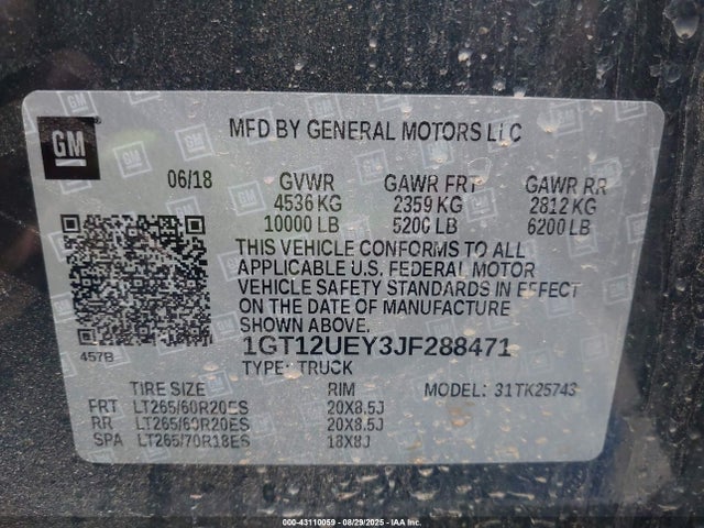 Продаж на аукціоні авто 2018 Gmc Sierra 2500hd Denali, vin: 1GT12UEY3JF288471, номер лоту: 43110059