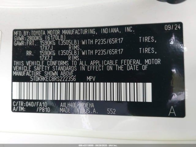 5TDKRKEC8RS222356 Toyota SIENNA LE