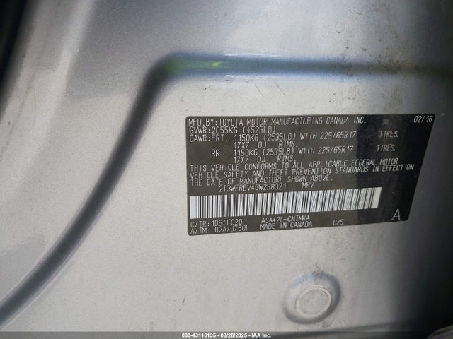 2T3WFREV4GW258321 Toyota 2ar-fe