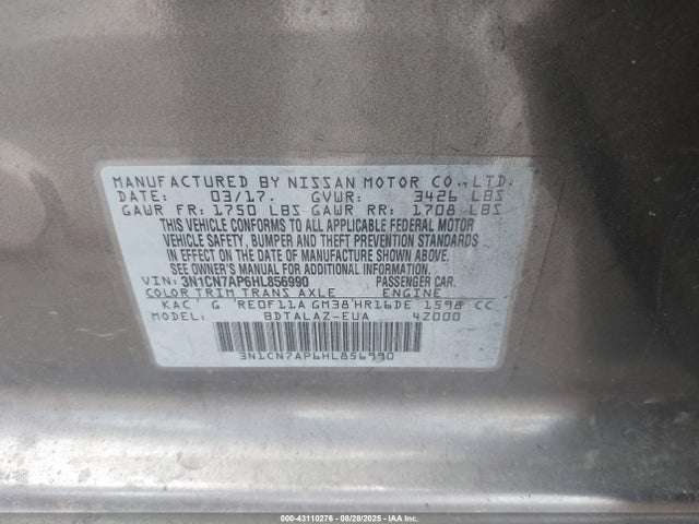 3N1CN7AP6HL856990 Nissan Versa