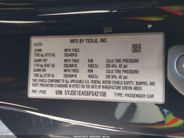 2025 TESLA MODEL 3 5YJ3E1EA5SF042108 Photo 8