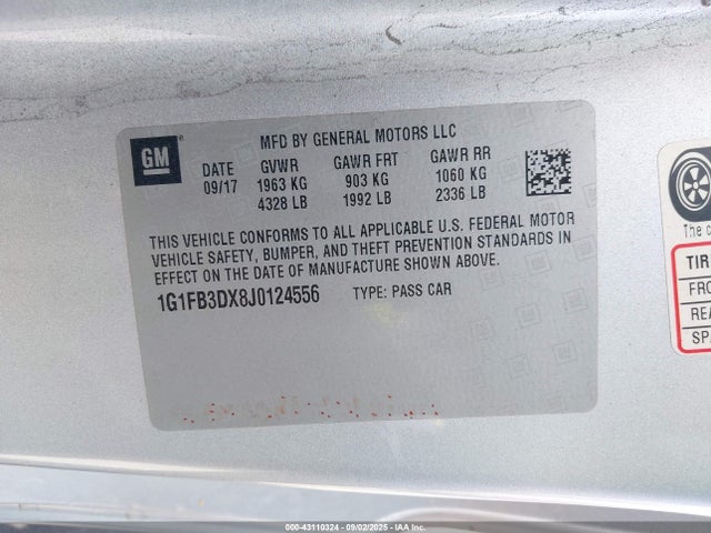 1G1FB3DX8J0124556 Chevrolet ltg - spark ignited direct injection, variable valve timing, alum dohc, dcvcp turbo, e0-e100, alum
