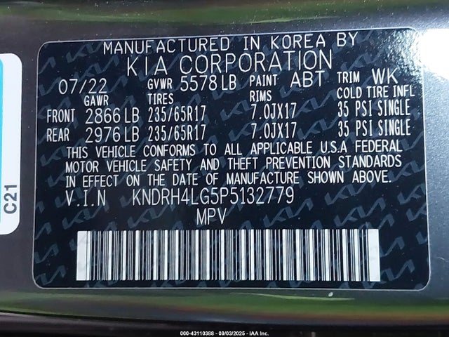 KNDRH4LG5P5132779 KIA t-gdi gamma-ii