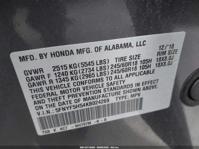 Honda j35y6 2019 5FNYF5H54KB024269 Image 9