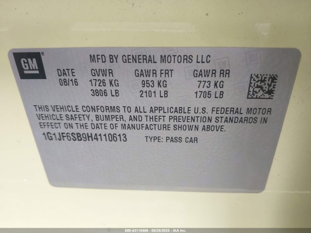 1G1JF6SB9H4110613 Chevrolet luv - mfi, vvt: variable valve timing, alum, e85 max