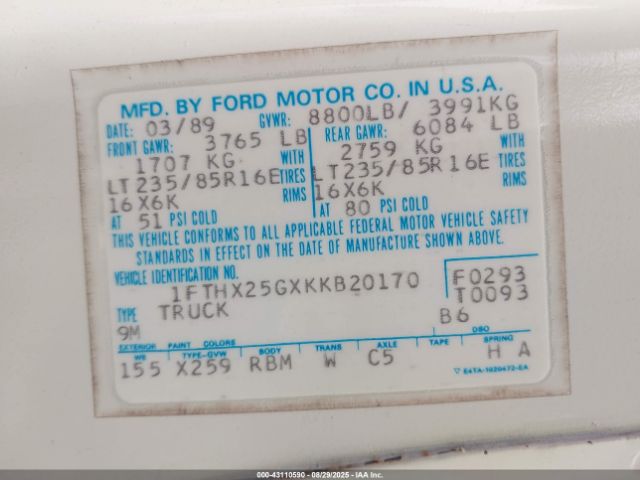1989 FORD F250 1FTHX25GXKKB20170 Photo 8