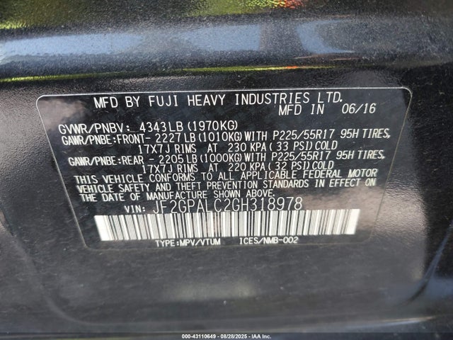 JF2GPALC2GH318978 Subaru naturally aspirated